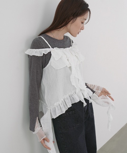 Bab(バブ)の「ラッフルフリルキャミソール(Tシャツ/カットソー・レディース・ブラック/オフホワイト・M)」の7枚目の写真