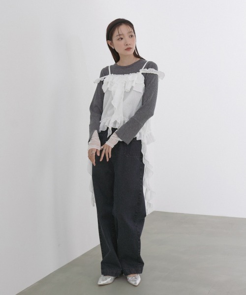 Bab(バブ)の「ラッフルフリルキャミソール(Tシャツ/カットソー・レディース・ブラック/オフホワイト・M)」の8枚目の写真