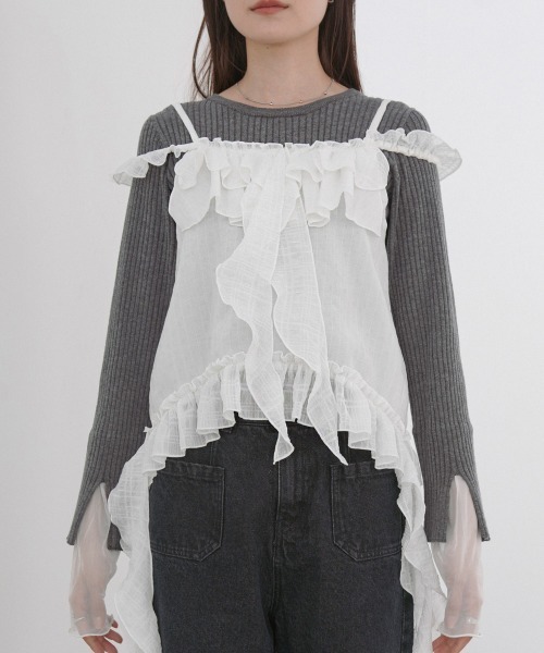 Bab(バブ)の「ラッフルフリルキャミソール(Tシャツ/カットソー・レディース・ブラック/オフホワイト・M)」の9枚目の写真