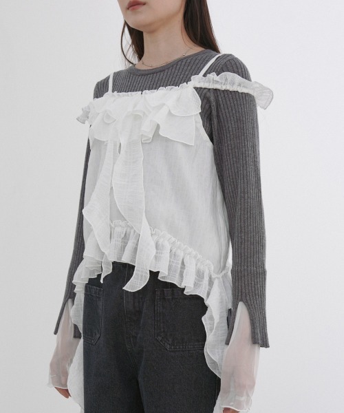 Bab(バブ)の「ラッフルフリルキャミソール(Tシャツ/カットソー・レディース・ブラック/オフホワイト・M)」の10枚目の写真