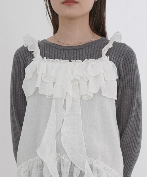 Bab(バブ)の「ラッフルフリルキャミソール(Tシャツ/カットソー・レディース・ブラック/オフホワイト・M)」の12枚目の写真
