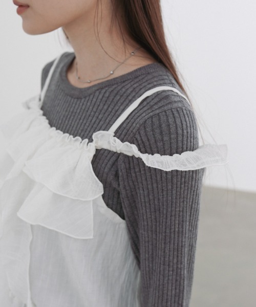 Bab(バブ)の「ラッフルフリルキャミソール(Tシャツ/カットソー・レディース・ブラック/オフホワイト・M)」の13枚目の写真