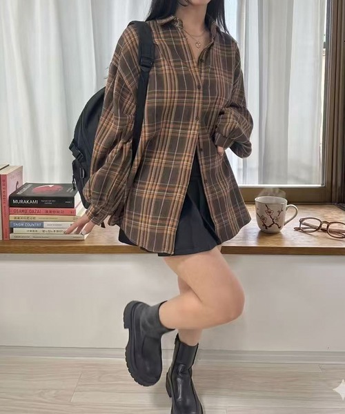 Lots of Love(ロッツオブラブ)の「ネルチェックオーバーサイズシャツ(シャツ/ブラウス・レディース・ブラック/ブラウン/ネイビー・M)」の6枚目の写真