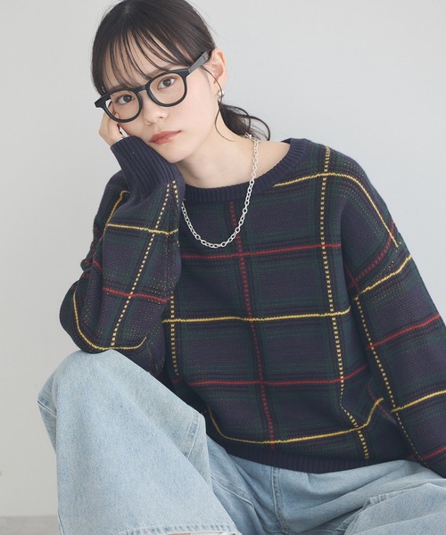 earth music&ecology(アースミュージックアンドエコロジー)の「チェックジャガードニットプルオーバー(ニット/セーター・レディース・ブルー系その他5/ブラウン系その他4・FREE)」の1枚目の写真