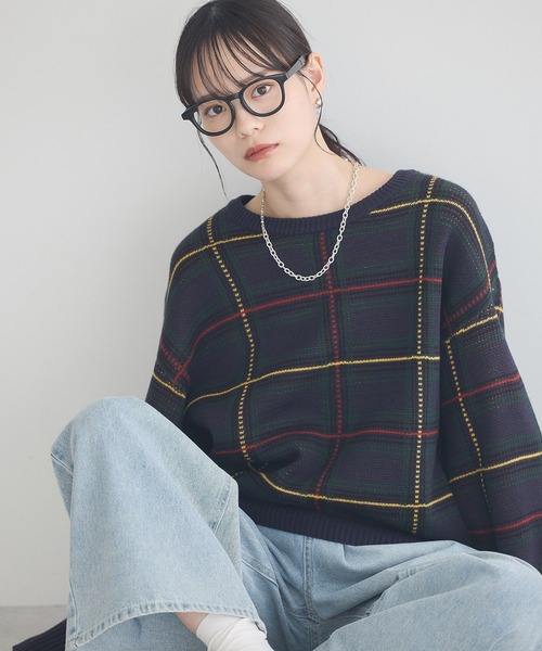 earth music&ecology(アースミュージックアンドエコロジー)の「チェックジャガードニットプルオーバー(ニット/セーター・レディース・ブルー系その他5/ブラウン系その他4・FREE)」の3枚目の写真