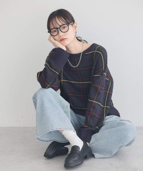 earth music&ecology(アースミュージックアンドエコロジー)の「チェックジャガードニットプルオーバー(ニット/セーター・レディース・ブルー系その他5/ブラウン系その他4・FREE)」の7枚目の写真