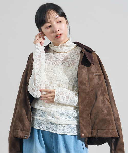 FREAK'S STORE(フリークスストア)の「起毛レーストップス/シアートップス(Tシャツ/カットソー・レディース・オフホワイト/ブラック・フリ-)」の5枚目の写真