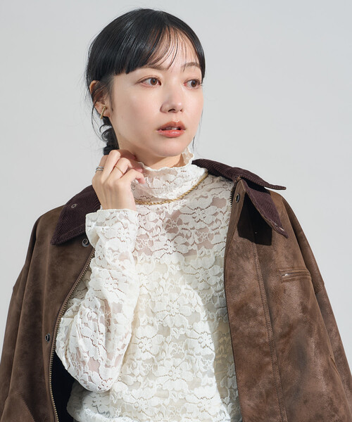 FREAK'S STORE(フリークスストア)の「起毛レーストップス/シアートップス(Tシャツ/カットソー・レディース・オフホワイト/ブラック・フリ-)」の3枚目の写真