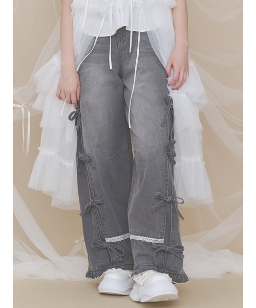 【新品】merry jenny バレルレッグリボンデニムパンツ グレー セール】バレルレッグリボンデニムパンツ（デニムパンツ）｜merry