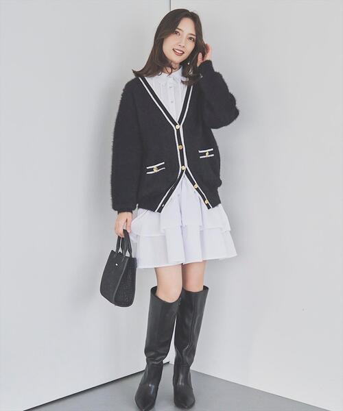 SWINGLE（スウィングル）の「配色シャギーニットカーディガン（カーディガン/ボレロ・レディース・ブラック/オフホワイト/ブラウン・FREE）」の11枚目の写真