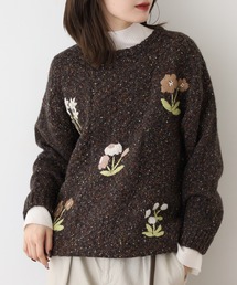 EMAGO チェック編みとお花刺繍プルオーバー