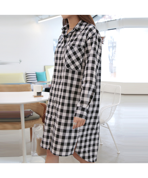 BBAEBBAE(ペッペ)の「ルーズフィットチェックロングワンピース型南方(シャツ/ブラウス・レディース・ブラック・SMALL/MEDIUM)」の1枚目の写真