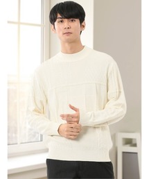 【ストレッチ ウォッシャブル】タカキュー パッチワーク柄 モックネック ニット セーター