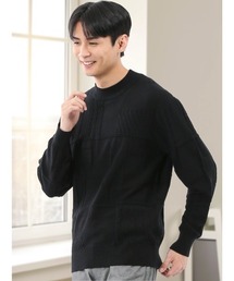 【ストレッチ ウォッシャブル】タカキュー パッチワーク柄 モックネック ニット セーター