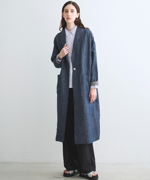 three dots(スリードッツ)の「ラフリネン ドクターコート(その他アウター・レディース・インディゴブルー/ネイビー/ベージュ系その他2/キャメル・SMALL)」の4枚目の写真