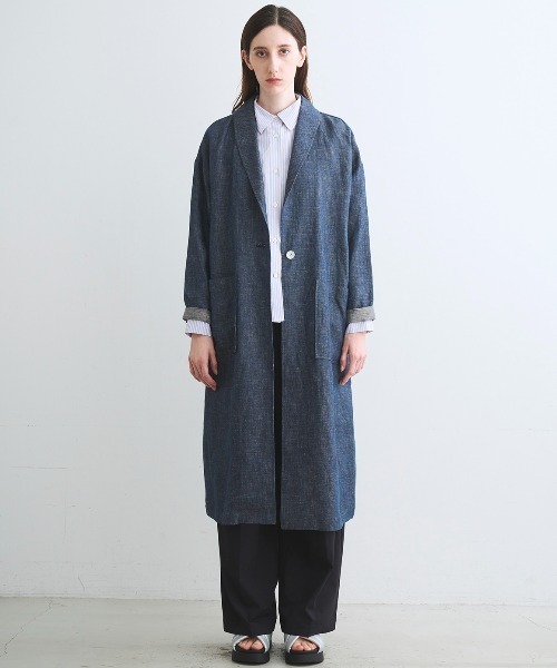three dots(スリードッツ)の「ラフリネン ドクターコート(その他アウター・レディース・インディゴブルー/ネイビー/ベージュ系その他2/キャメル・SMALL)」の18枚目の写真