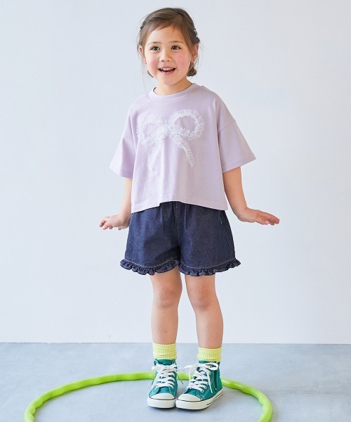 devirock（デビロック）の「ハートポケット 裾フリル ライトオンスデニム ショートパンツ（デニムパンツ・キッズ・ネイビー系/ブルー系・130cm/140cm/150cm/160cm/110cm/100cm/120cm）」の4枚目の写真