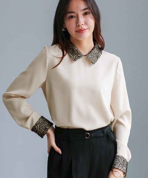 White Collection（ホワイトコレクション）の「【 ディテール映え 】ソフトツイル・襟袖レースクラシカルブラウス（シャツ/ブラウス・レディース・ブラック/ライトベージュ/ベージュ・S/M/L）」の3枚目の写真
