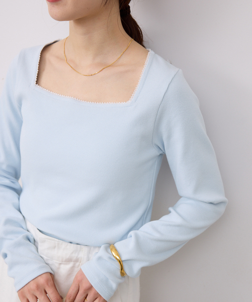 SLOBE IENA(スローブイエナ)の「スクエアネックテレコプルオーバー(Tシャツ/カットソー・レディース・ネイビー/アイボリー/サックスブルー・FREE)」の3枚目の写真