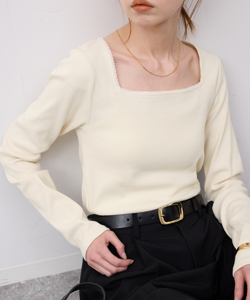 SLOBE IENA(スローブイエナ)の「スクエアネックテレコプルオーバー(Tシャツ/カットソー・レディース・ネイビー/アイボリー/サックスブルー・FREE)」の1枚目の写真