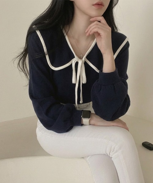 NoBelle(ノベル)の「バイカラービック襟 リボンボウタイブラウス(シャツ/ブラウス・レディース・ブラック/ホワイト/アイボリー・S/L/M)」の6枚目の写真