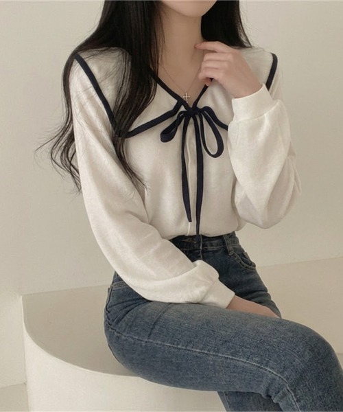 NoBelle(ノベル)の「バイカラービック襟 リボンボウタイブラウス(シャツ/ブラウス・レディース・ブラック/ホワイト/アイボリー・S/L/M)」の7枚目の写真