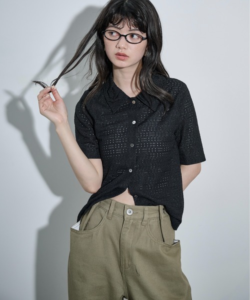 セール】タックカラー針抜きジャガードハーフスリーブシャツ（シャツ