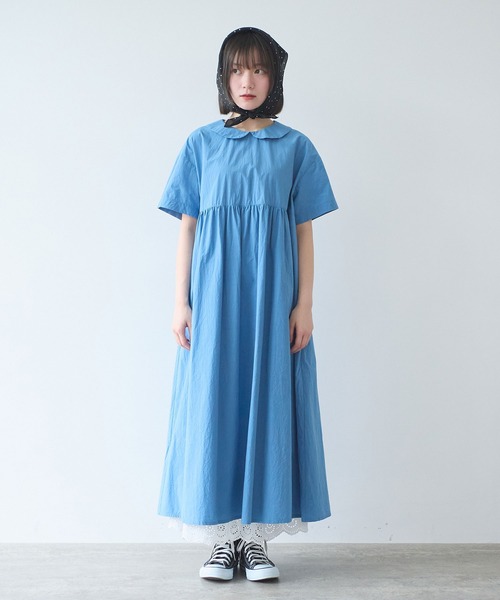 bulle de savon（ビュルデサボン）の「80/タイプライターナチュラルトリプルワッシャー 丸衿半袖ワンピース（ワンピース・レディース・ブルー/その他/ホワイト/レッド・FREE）」の5枚目の写真