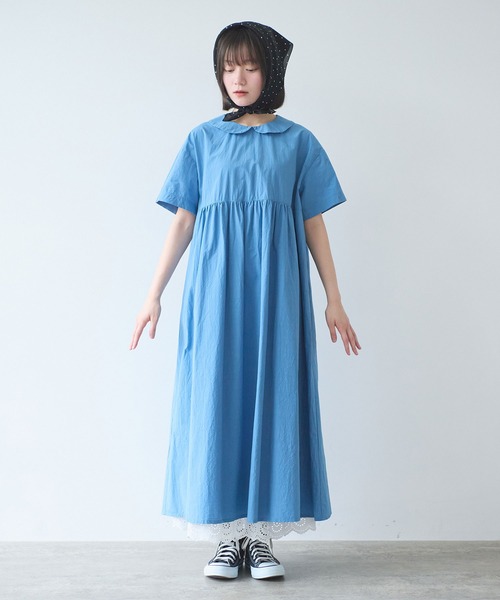 bulle de savon（ビュルデサボン）の「80/タイプライターナチュラルトリプルワッシャー 丸衿半袖ワンピース（ワンピース・レディース・ブルー/その他/ホワイト/レッド・FREE）」の6枚目の写真