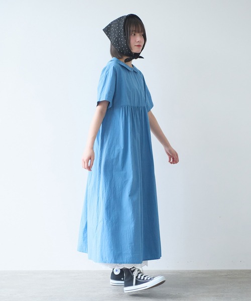 bulle de savon（ビュルデサボン）の「80/タイプライターナチュラルトリプルワッシャー 丸衿半袖ワンピース（ワンピース・レディース・ブルー/その他/ホワイト/レッド・FREE）」の9枚目の写真
