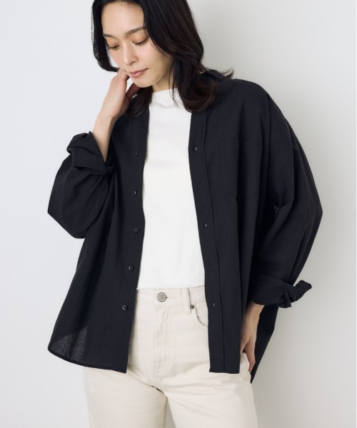 AZUL by moussy(アズールバイマウジー)の「フレンチリネンCOOLMAXアーバンリラックスシャツ(シャツ/ブラウス・レディース・イエロー/ベージュ/ストライプ/ブラック/オフホワイト・SMALL/MEDIUM)」の2枚目の写真