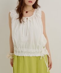 【セットアップ対応/ドット/無地】フリルギャザーノースリブラウス