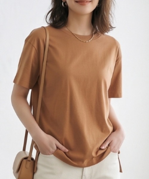 MULEXS(ミューレクス)の「【接触冷感】サイドスリット 前後差ヘム 綿モダール リラックス クルーネックTシャツ(Tシャツ/カットソー・レディース・スモークピンク/グレイッシュベージュ/ブラウン系/ダークブルー・3L(UB-)/LL/L/M)」の2枚目の写真