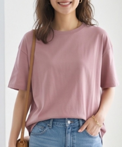 MULEXS(ミューレクス)の「【接触冷感】サイドスリット 前後差ヘム 綿モダール リラックス クルーネックTシャツ(Tシャツ/カットソー・レディース・スモークピンク/グレイッシュベージュ/ブラウン系/ダークブルー・3L(UB-)/LL/L/M)」の1枚目の写真