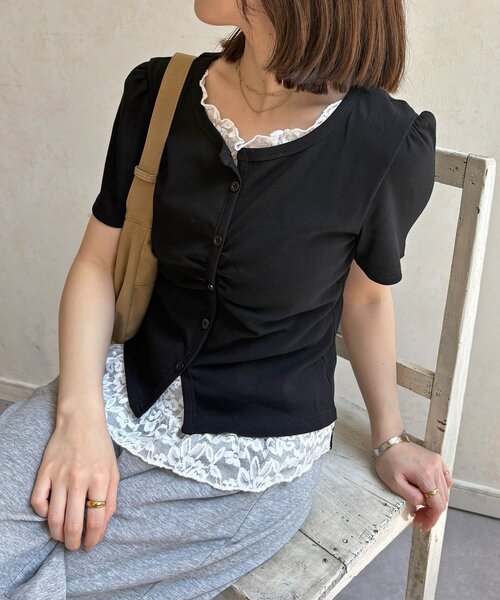 Thevon（ゼボン）の「レースドッキング半袖プルオーバー（Tシャツ/カットソー・レディース・ブラック/オフホワイト/グレー・FREE）」の3枚目の写真