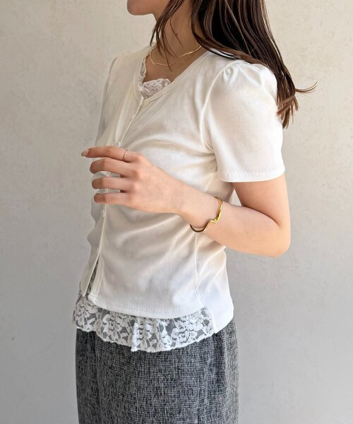 Thevon（ゼボン）の「レースドッキング半袖プルオーバー（Tシャツ/カットソー・レディース・ブラック/オフホワイト/グレー・FREE）」の5枚目の写真