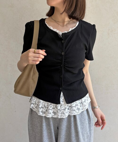 Thevon（ゼボン）の「レースドッキング半袖プルオーバー（Tシャツ/カットソー・レディース・ブラック/オフホワイト/グレー・FREE）」の12枚目の写真