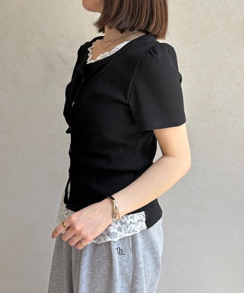 Thevon（ゼボン）の「レースドッキング半袖プルオーバー（Tシャツ/カットソー・レディース・ブラック/オフホワイト/グレー・FREE）」の13枚目の写真