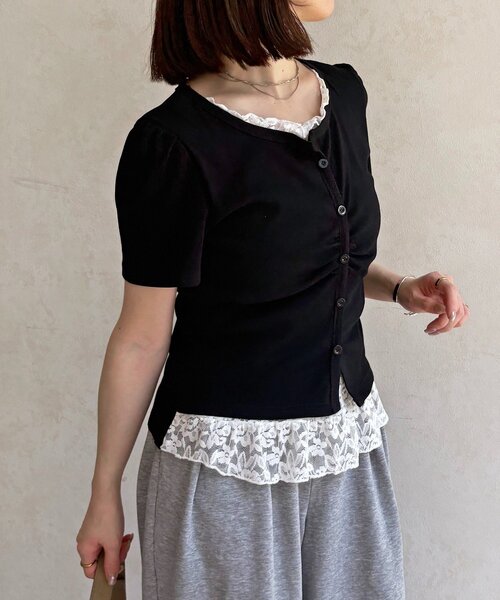 Thevon（ゼボン）の「レースドッキング半袖プルオーバー（Tシャツ/カットソー・レディース・ブラック/オフホワイト/グレー・FREE）」の15枚目の写真