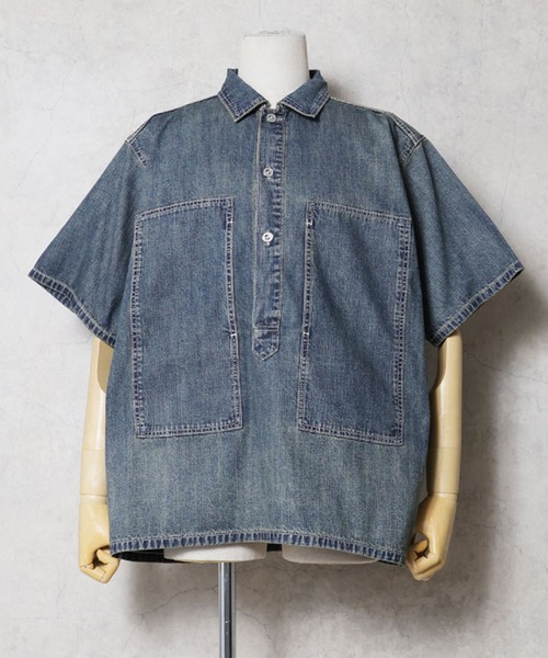 HOUSTON(ヒューストン)の「HOUSTON ヒューストン USA COTTON DENIM S/S PULLOVER SHIRT USAコットン 半袖 デニムプルオーバーシャツ(シャツ/ブラウス・メンズ・インディゴブルー/ワンウォッシュ/ライトインディゴブルー・M/XXL/XL/L)」の2枚目の写真