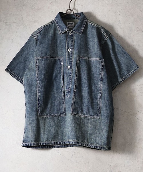 HOUSTON(ヒューストン)の「HOUSTON ヒューストン USA COTTON DENIM S/S PULLOVER SHIRT USAコットン 半袖 デニムプルオーバーシャツ(シャツ/ブラウス・メンズ・インディゴブルー/ワンウォッシュ/ライトインディゴブルー・M/XXL/XL/L)」の4枚目の写真