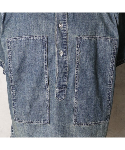 HOUSTON(ヒューストン)の「HOUSTON ヒューストン USA COTTON DENIM S/S PULLOVER SHIRT USAコットン 半袖 デニムプルオーバーシャツ(シャツ/ブラウス・メンズ・インディゴブルー/ワンウォッシュ/ライトインディゴブルー・M/XXL/XL/L)」の6枚目の写真