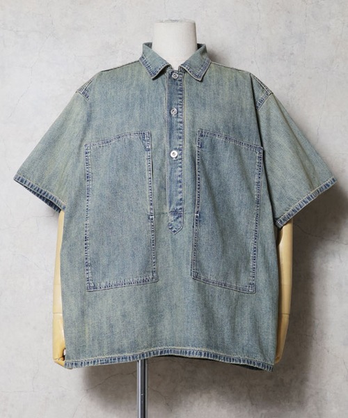 HOUSTON(ヒューストン)の「HOUSTON ヒューストン USA COTTON DENIM S/S PULLOVER SHIRT USAコットン 半袖 デニムプルオーバーシャツ(シャツ/ブラウス・メンズ・インディゴブルー/ワンウォッシュ/ライトインディゴブルー・M/XXL/XL/L)」の9枚目の写真