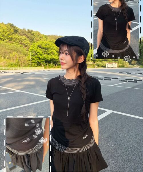 OURSAYSOUR（アワーセイアワー）の「Vネックレイヤードスタッズスリム半袖Tシャツブラック（Tシャツ/カットソー・レディース・ブラック・FREE）」の8枚目の写真