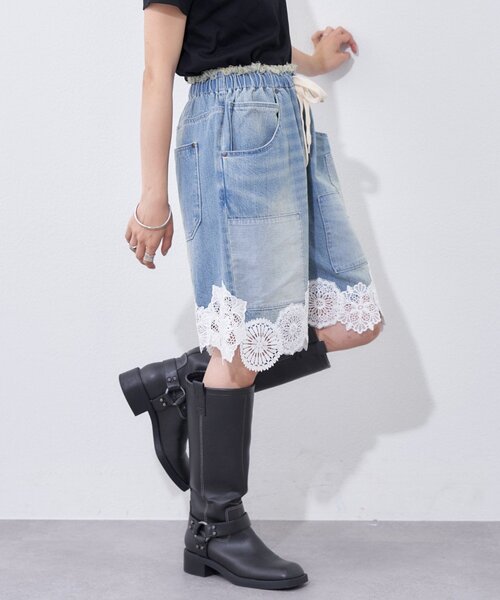 etsinta(エシンタ)の「【etsinta】裾レースイージーデニムショーツ(デニムパンツ・レディース・インディゴブルー・ONE SIZE)」の1枚目の写真