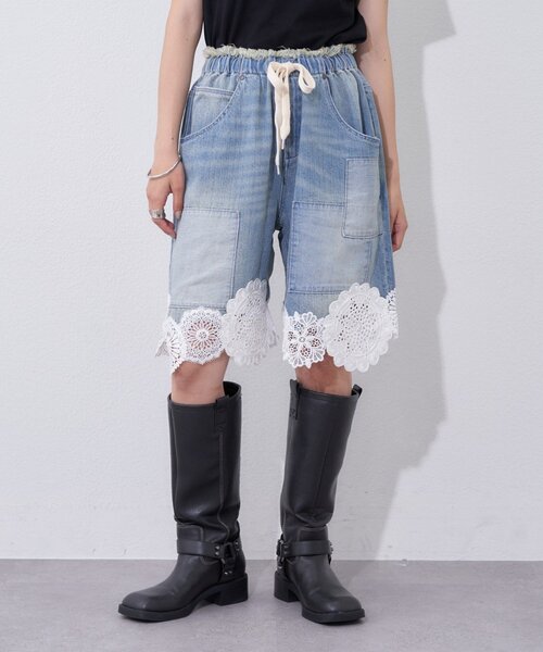 etsinta(エシンタ)の「【etsinta】裾レースイージーデニムショーツ(デニムパンツ・レディース・インディゴブルー・ONE SIZE)」の2枚目の写真