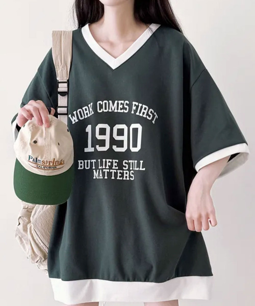 カレッジロゴ 配色Vネック 半袖トップス（Tシャツ/カットソー）｜VIVID