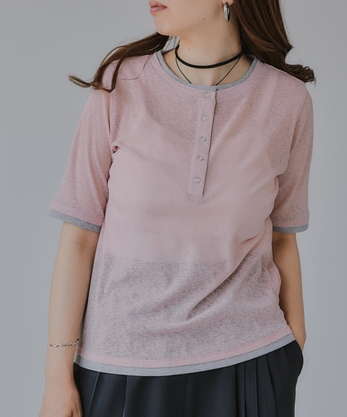 210nouve(トゥージュヌーブ)の「ヘンリーネック バイカラー シアー Tシャツ(Tシャツ/カットソー・レディース・ミント/ピンク/アイボリー/ブラック・FREE)」の4枚目の写真