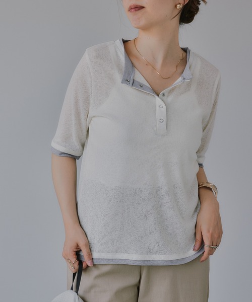 210nouve(トゥージュヌーブ)の「ヘンリーネック バイカラー シアー Tシャツ(Tシャツ/カットソー・レディース・ミント/ピンク/アイボリー/ブラック・FREE)」の2枚目の写真