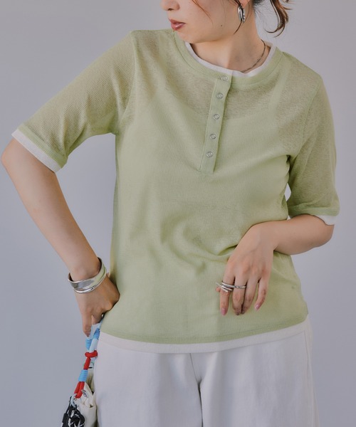 210nouve(トゥージュヌーブ)の「ヘンリーネック バイカラー シアー Tシャツ(Tシャツ/カットソー・レディース・ミント/ピンク/アイボリー/ブラック・FREE)」の1枚目の写真